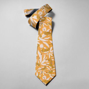 Yellow Cute Modern Wildlife Leopards Leaves Floral Neck Tie