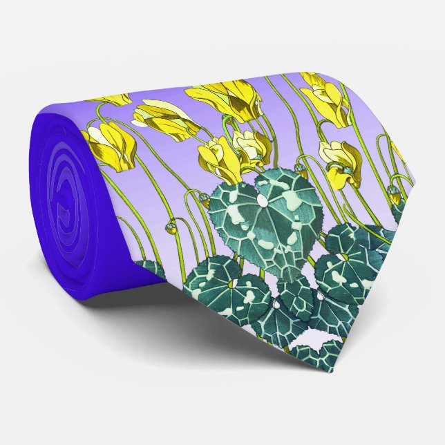 YELLOW CYCLAMENS,GREEN LEAVES IN BLUE SKY Floral Neck Tie (Rolled)