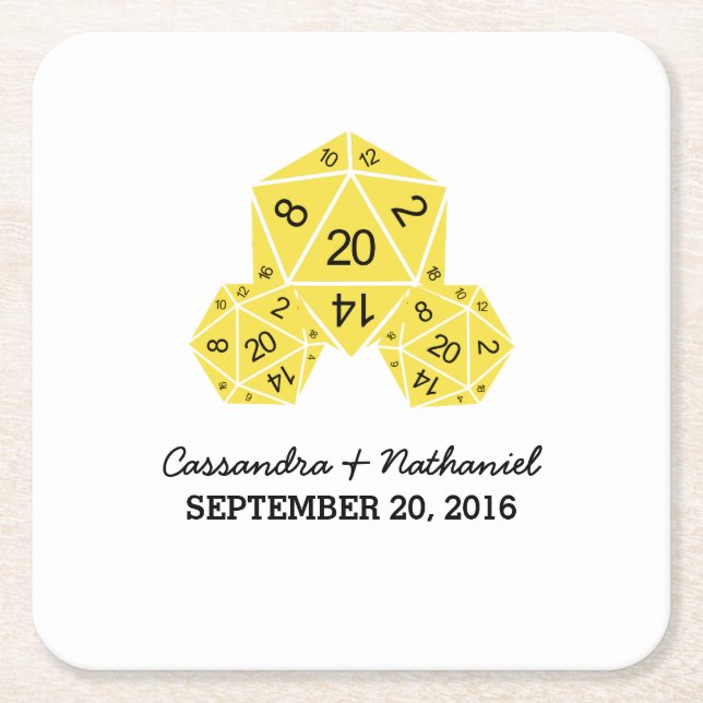 Yellow D20 Dice Wedding Paper Coasters (Front)