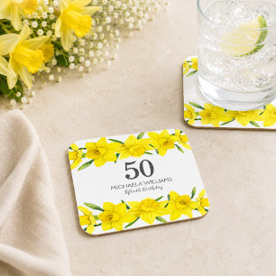 Yellow Daffodil 50th Birthday Party Personalized Square Paper Coaster
