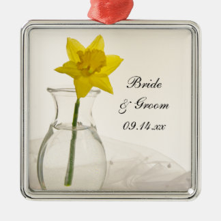 Yellow Daffodil and Pearls Wedding Metal Ornament