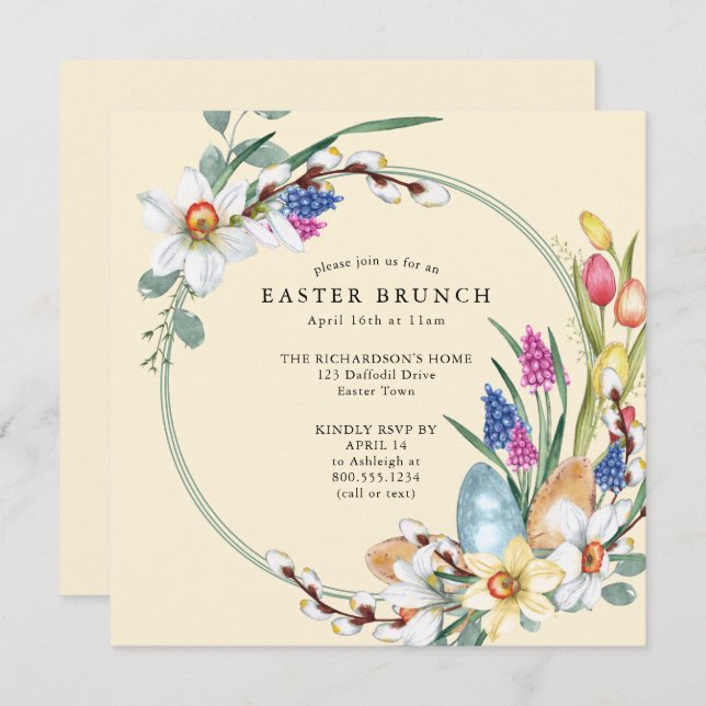 Yellow Daffodil and Spring Floral Easter Brunch Invitation (Front/Back)