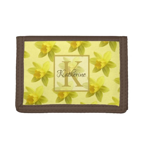 Yellow Daffodil Blooms Pattern Monogram Trifold Wallet