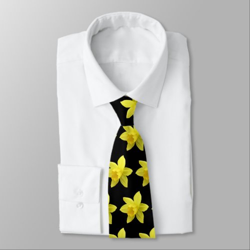 Yellow Daffodil Blooms Pattern on Black Neck Tie