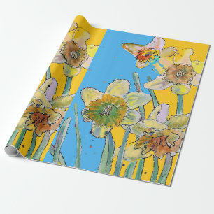 Yellow Daffodil Blue Spring flowers Watercolor Wrapping Paper
