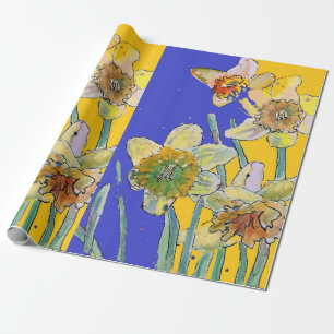 Yellow Daffodil Blue Spring flowers Watercolor Wrapping Paper