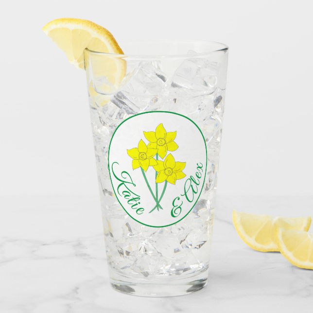 Yellow Daffodil Bunch Floral Spring Wedding Favor Glass (Front Ice)