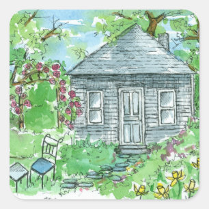 Yellow Daffodil Cottage Watercolor House Painting Square Sticker