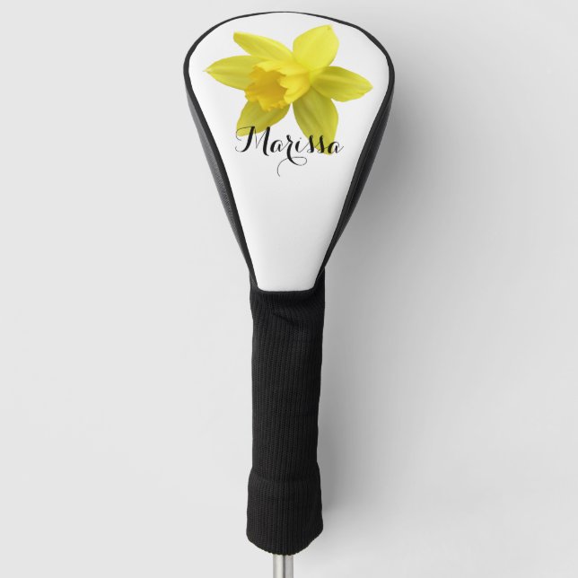 Yellow Daffodil Custom Name White Background Golf Head Cover (Front)