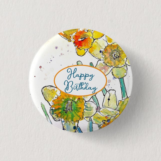 Yellow Daffodil Daffodils flower Watercolor Button (Front)