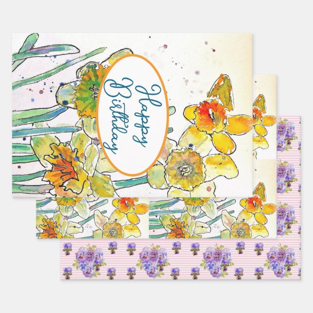 Yellow Daffodil Daffodils flower Watercolor Wrapping Paper Sheets (Set)