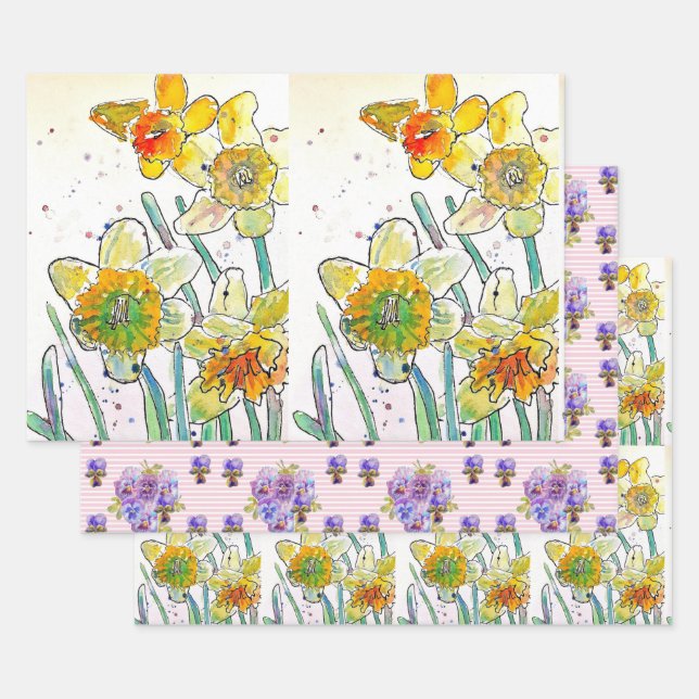 Yellow Daffodil Daffodils flower Watercolor Wrapping Paper Sheets (Set)