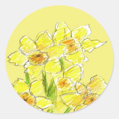 Yellow Daffodil Drawing Watercolor Spring Flowers Classic Round Sticker