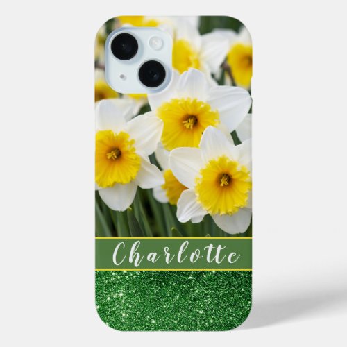 Yellow Daffodil Floral Flowers Green Glitter Name iPhone 15 Case