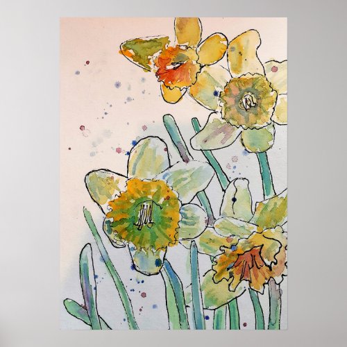 Yellow Daffodil Floral Flowers Watercolor Poster