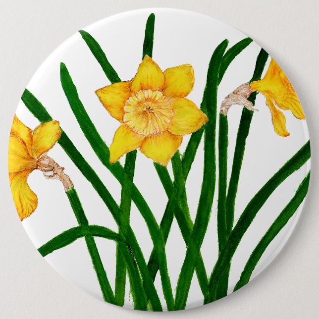 Yellow Daffodil Floral Watercolor Painting Button (Front)