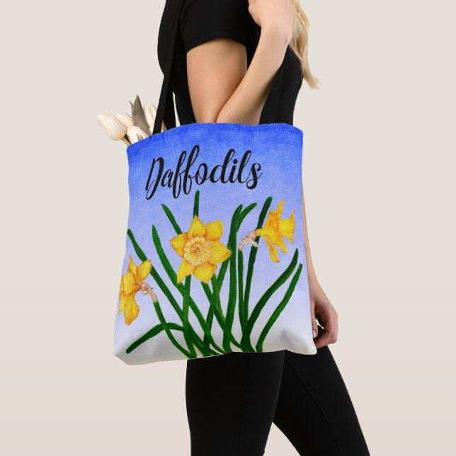 Yellow Daffodil Floral Watercolor Painting Tote Ba (Close Up)