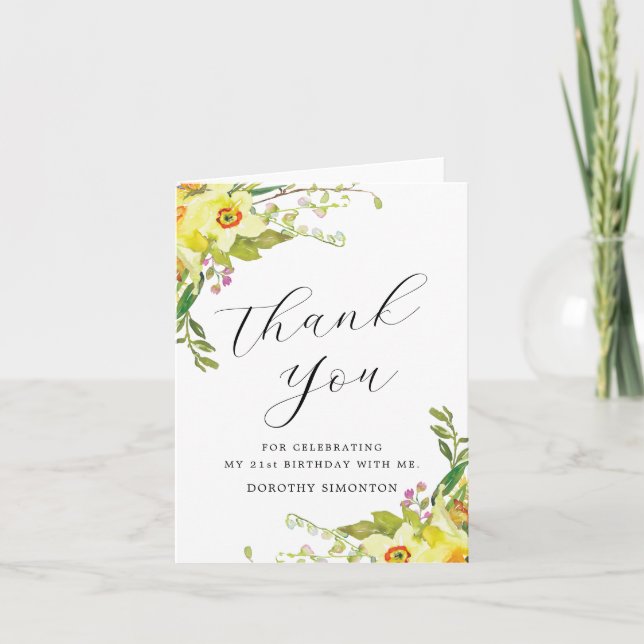 Yellow Daffodil Flower 21st Birthday Thank You Card (Front)