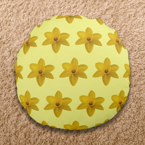 Yellow Daffodil Flower Seamless Pattern on Round Pillow