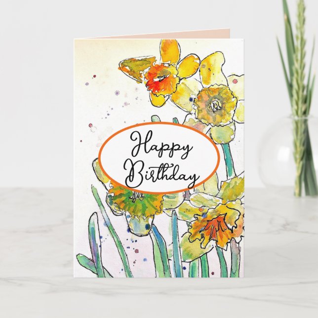 Yellow Daffodil flower Watercolor Birthday Card (Front)