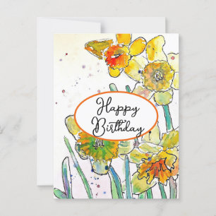 Yellow Daffodil flower Watercolor Birthday Postcard