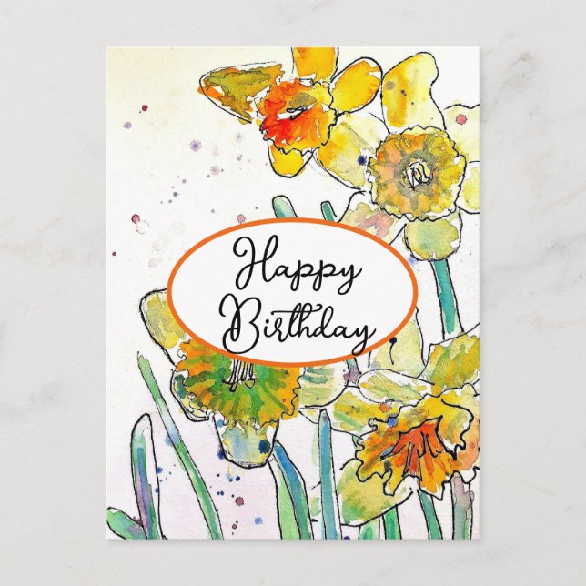 Yellow Daffodil flower Watercolor Birthday Postcard (Front)