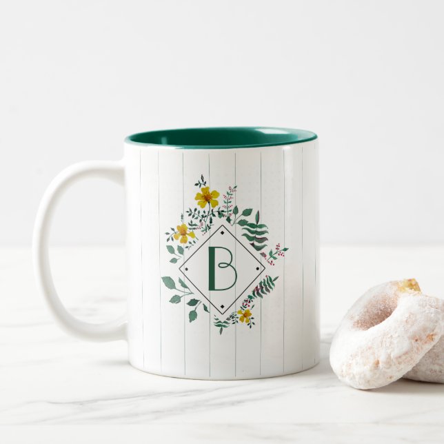 Yellow Daffodil Leaves Floral Stripe Monogram Two-Tone Coffee Mug (With Donut)