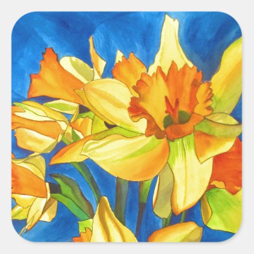 Yellow daffodil narcissus watercolour painting square sticker