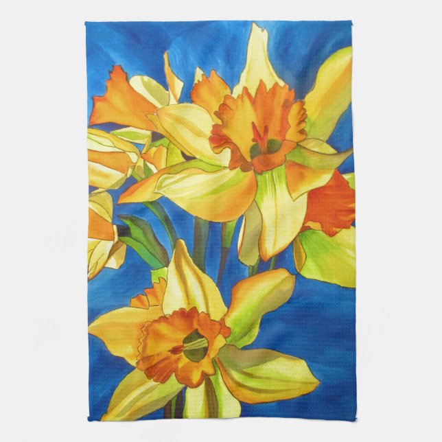 Yellow daffodil narcissus watercolour painting towel (Vertical)