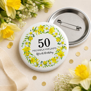 Yellow Daffodil Personalized Fiftieth Birthday Button