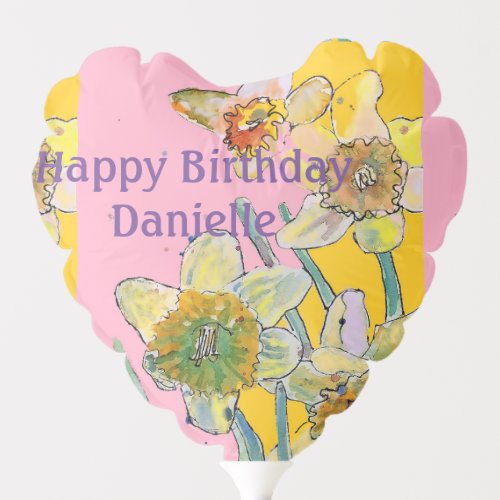 Yellow Daffodil Pink floral Watercolor Birthday Balloon