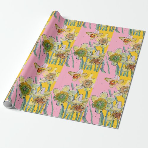 Yellow Daffodil Pink Spring flowers Watercolor Wra Wrapping Paper