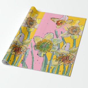 Yellow Daffodil Pink Spring flowers Watercolor Wrapping Paper