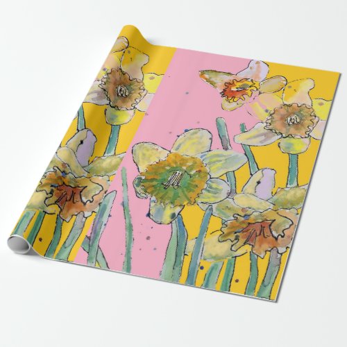 Yellow Daffodil Pink Spring flowers Watercolor Wrapping Paper