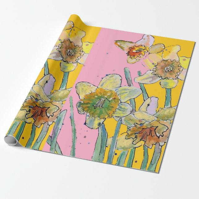 Yellow Daffodil Pink Spring flowers Watercolor Wrapping Paper (Unrolled)
