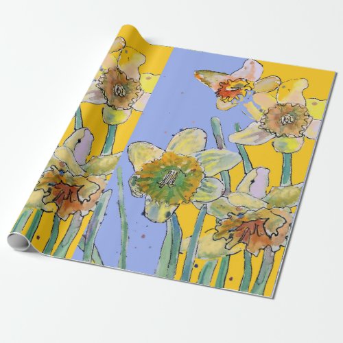 Yellow Daffodil Purple Spring flowers Watercolor Wrapping Paper