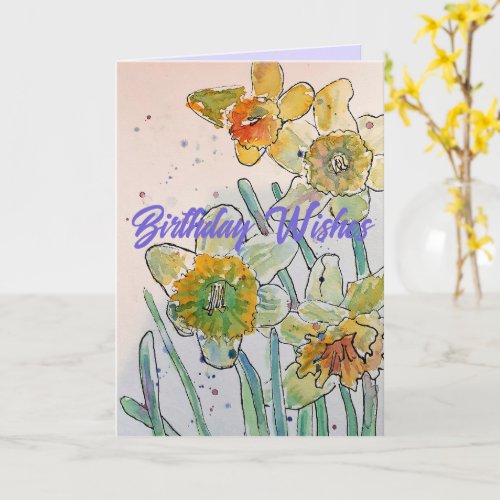 Yellow Daffodil Spring Flower Watercolor Birthday Card