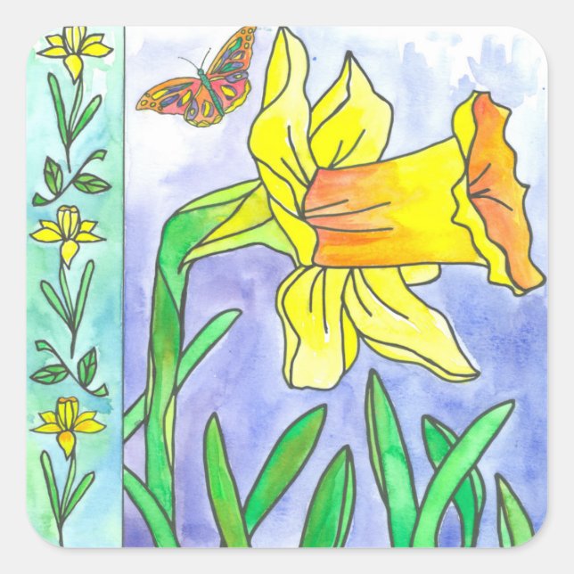 Yellow Daffodil Watercolor Flower Butterfly Square Sticker (Front)