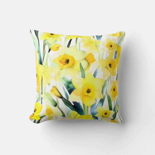 Yellow Daffodil Watercolor Throw Pillow (Front)