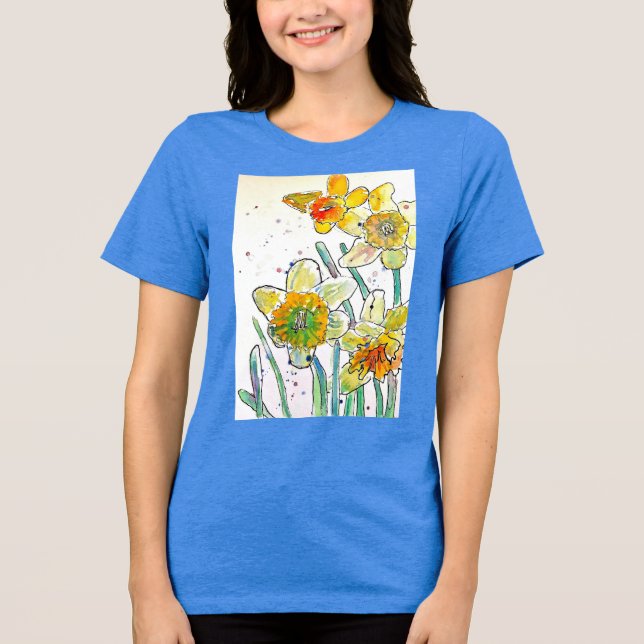 Yellow Daffodil watercolour art Girls T Shirt blue (Front)