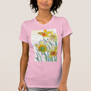 Yellow Daffodil watercolour art Girls T Shirt pink