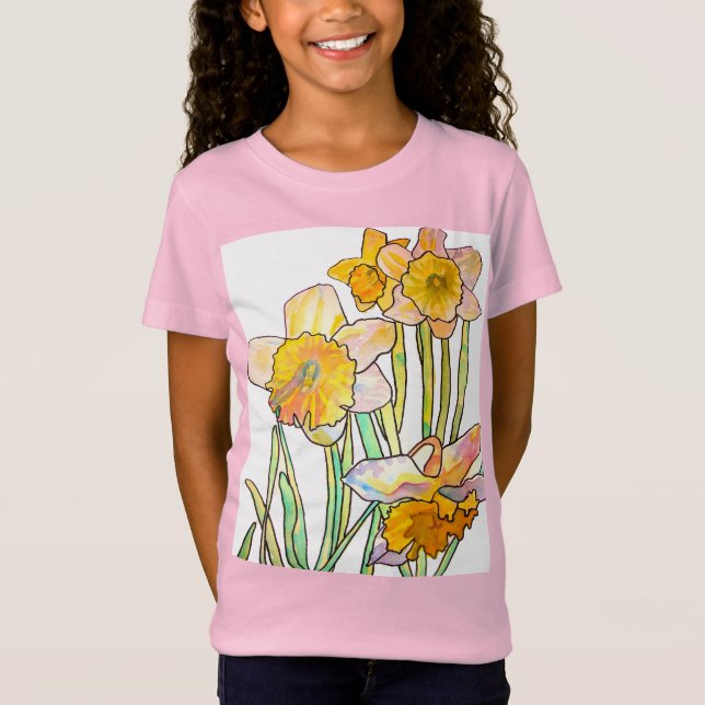 Yellow Daffodil watercolour art Girls T Shirt pink (Front)