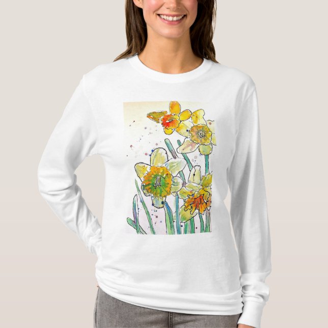 Yellow Daffodil watercolour art womens T Shirt  (Front)