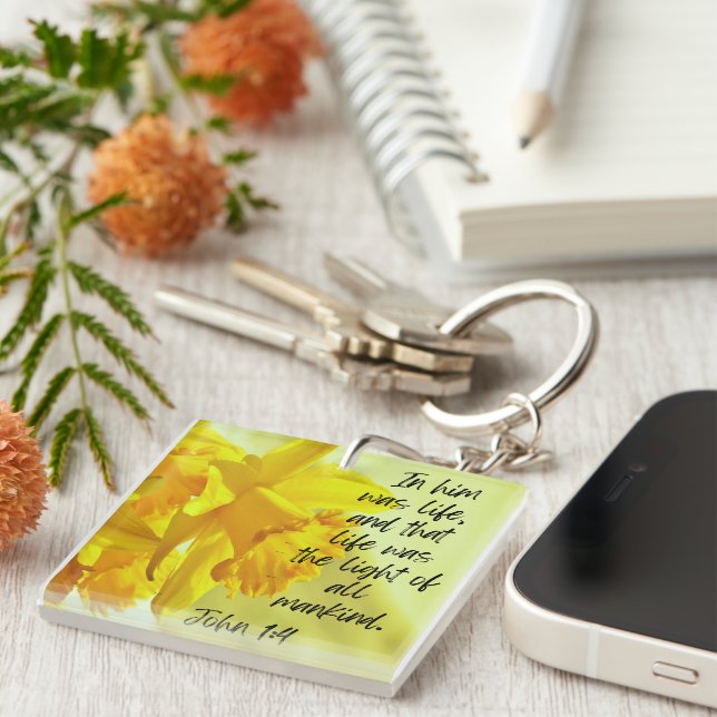 Yellow Daffodils Acrylic Keychain Scripture  (Front Right)