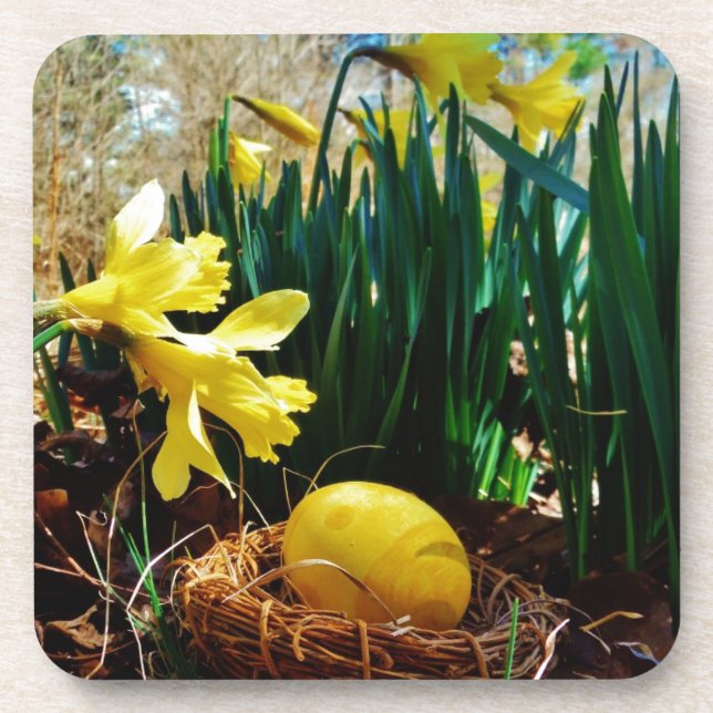 Yellow Daffodils and a Yellow Easter egg Beverage Coaster (Front)