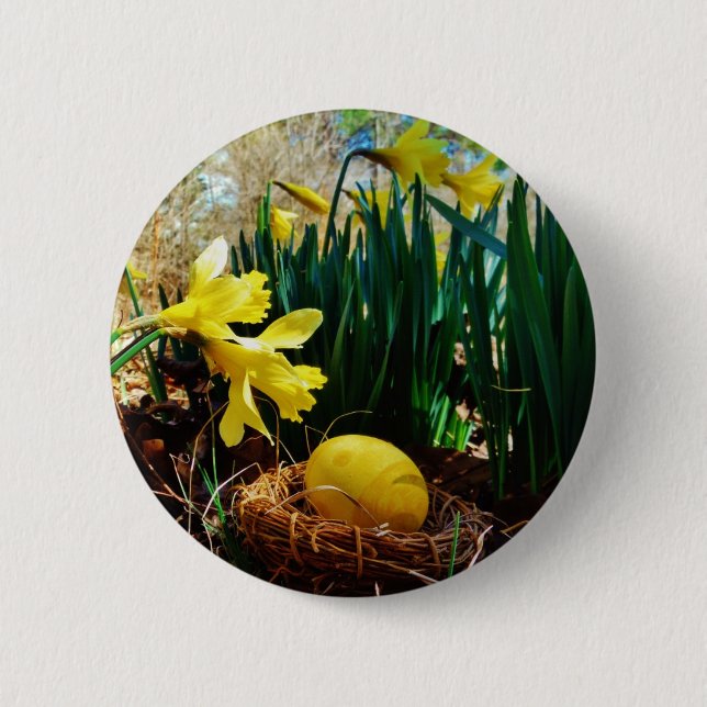 Yellow Daffodils and a Yellow Easter egg Button (Front)