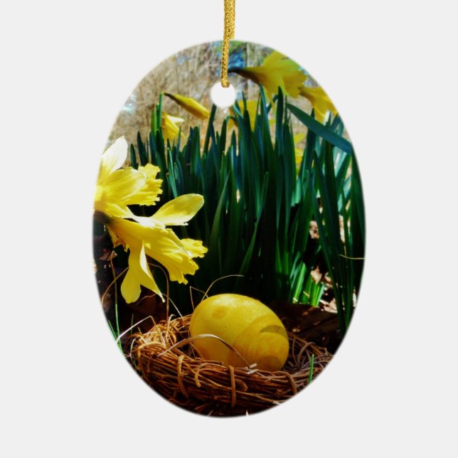 Yellow Daffodils and a Yellow Easter egg Ceramic Ornament (Front)