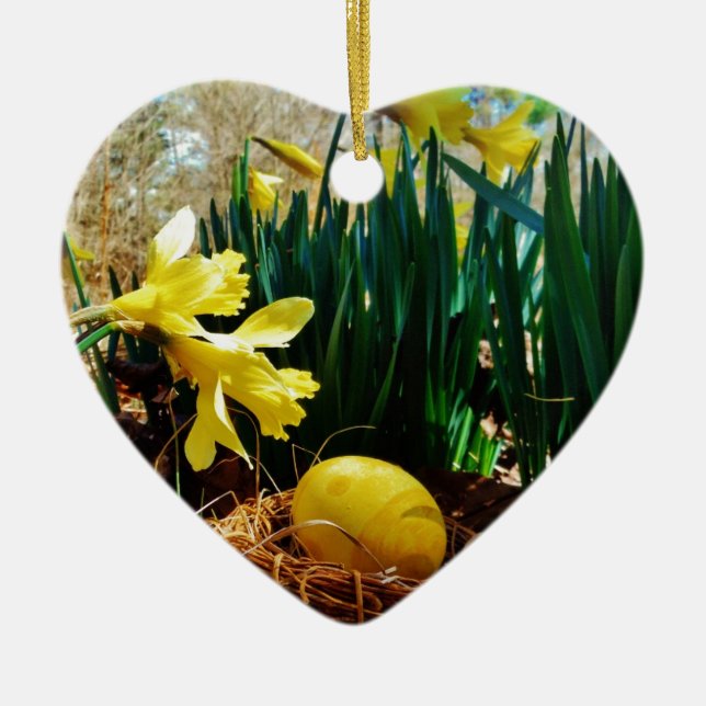 Yellow Daffodils and a Yellow Easter egg Ceramic Ornament (Front)