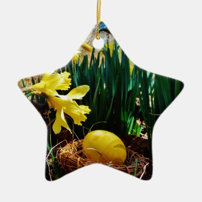 Yellow Daffodils and a Yellow Easter egg Ceramic Ornament (Front)