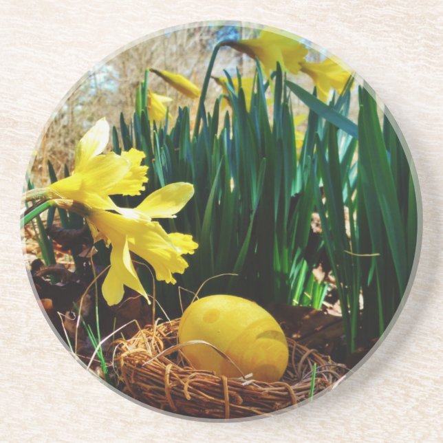 Yellow Daffodils and a Yellow Easter egg Drink Coaster (Front)